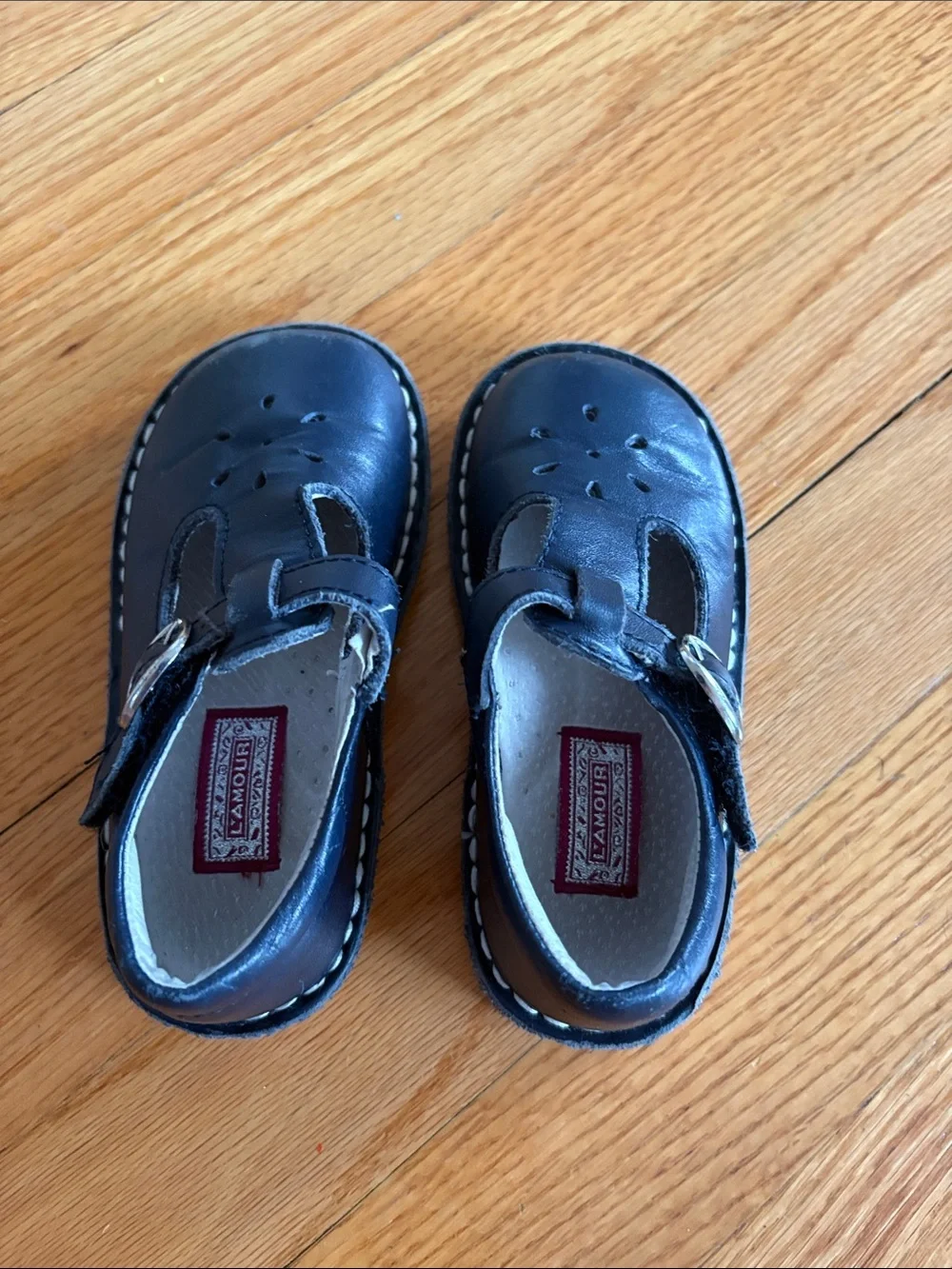 L'Amour Navy Leather T-Strap Girls Dress Shoes